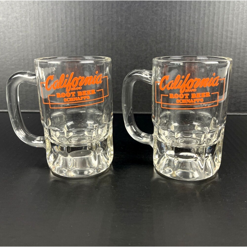 2 California Root Beer Schnapps Glass Mugs 8oz Heavy Drinkware vintage 1980s